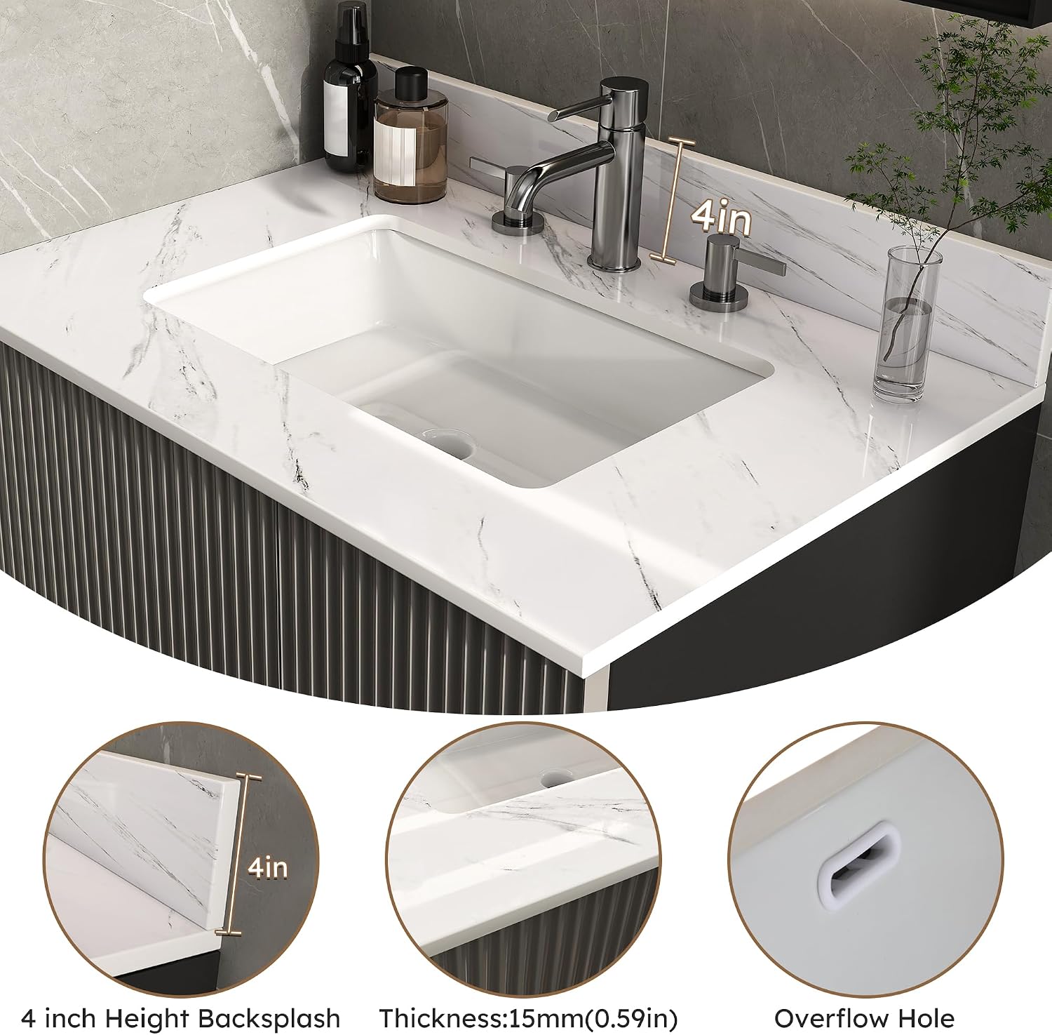 43x22 Marble Bathroom Vanity Top with Sink, Vanity Top with Sink with Pre-drilled Holes and 4' Backsplash, Perfect for Home & Rental Properties