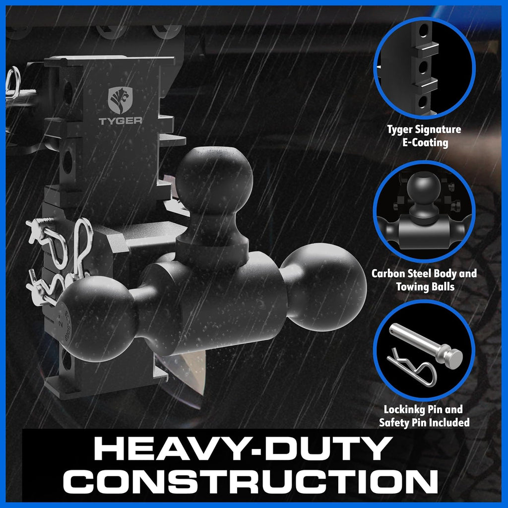 Tyger Auto Adjustable Drop Hitch Tri-Ball Mount with 1-7/8', 2' and 2-5/16' Towing Balls | Fits 2' Receivers | EZ-Align System | 12500 lbs GTW | Carbon Steel | Trailers Boats ATVs RVs | TG-DB6U12058