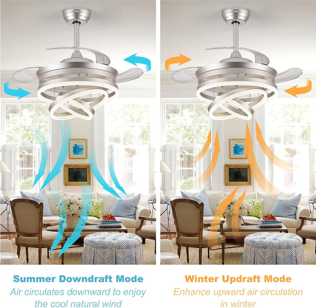 42' Modern Retractable Ceiling Fan with Lights, Fandelier Ceiling Fan with LED Light and Remote&App Control, 6 Speed Reversible 3CCT Chandelier Fan for Bedroom Living Room Dining Room Silver