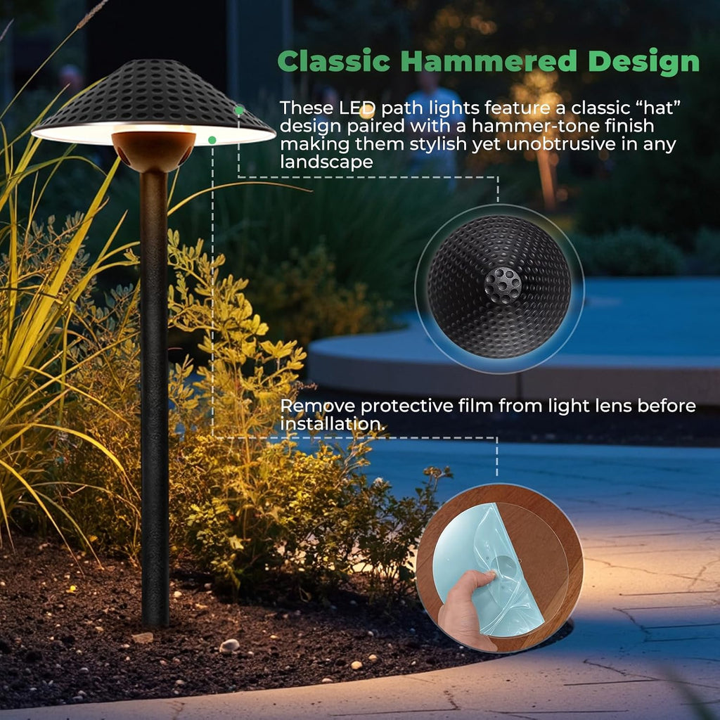 Gardencoin Low Voltage Pathway Lights (6.69'' Shade, 21.54'' Tall) 12V Outdoor LED Landscape Pathway Lighting Aluminum Vintage Hammered Path Lights with 4W 2700K Replaceable Bulb, 12 Pack