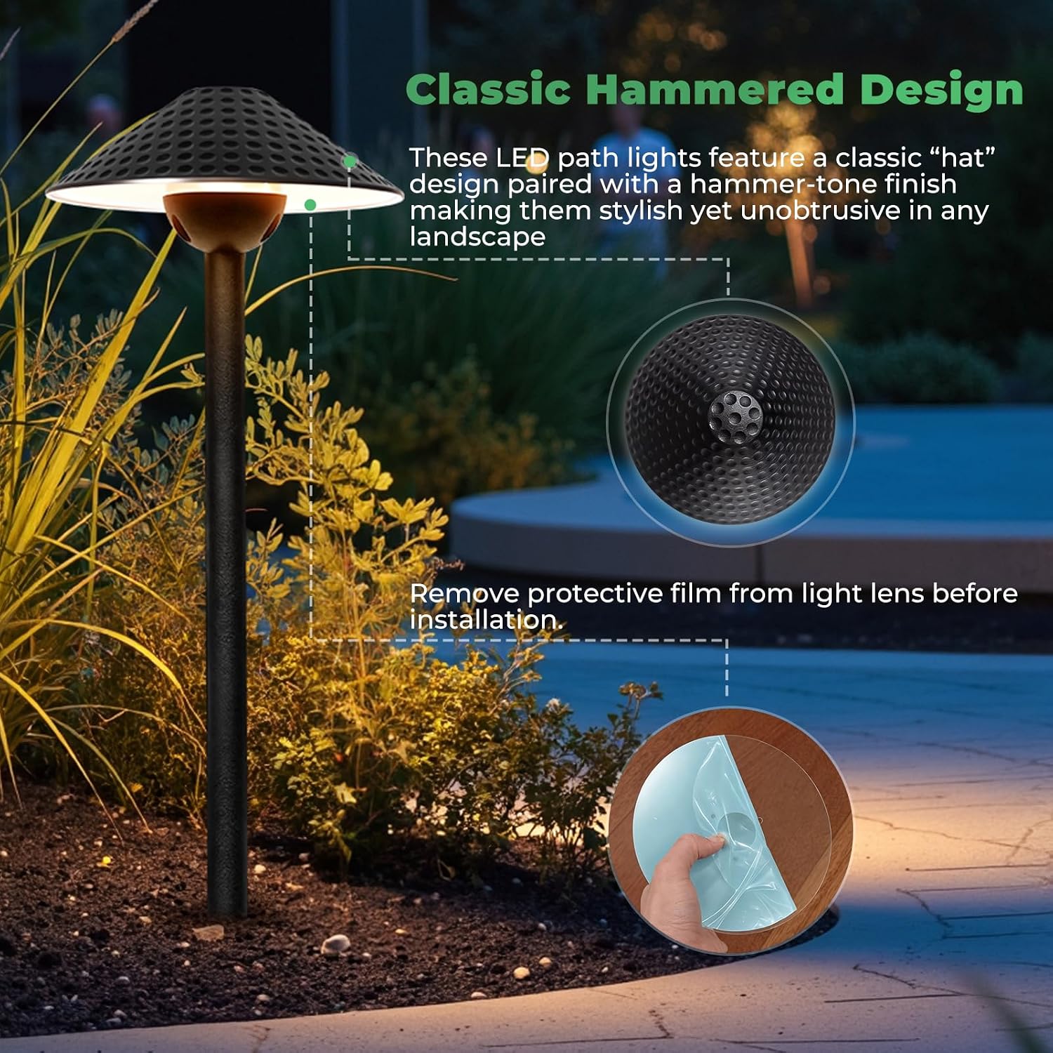 Gardencoin Low Voltage Pathway Lights (6.69'' Shade, 21.54'' Tall) 12V Outdoor LED Landscape Pathway Lighting Aluminum Vintage Hammered Path Lights with 4W 2700K Replaceable Bulb, 8 Pack