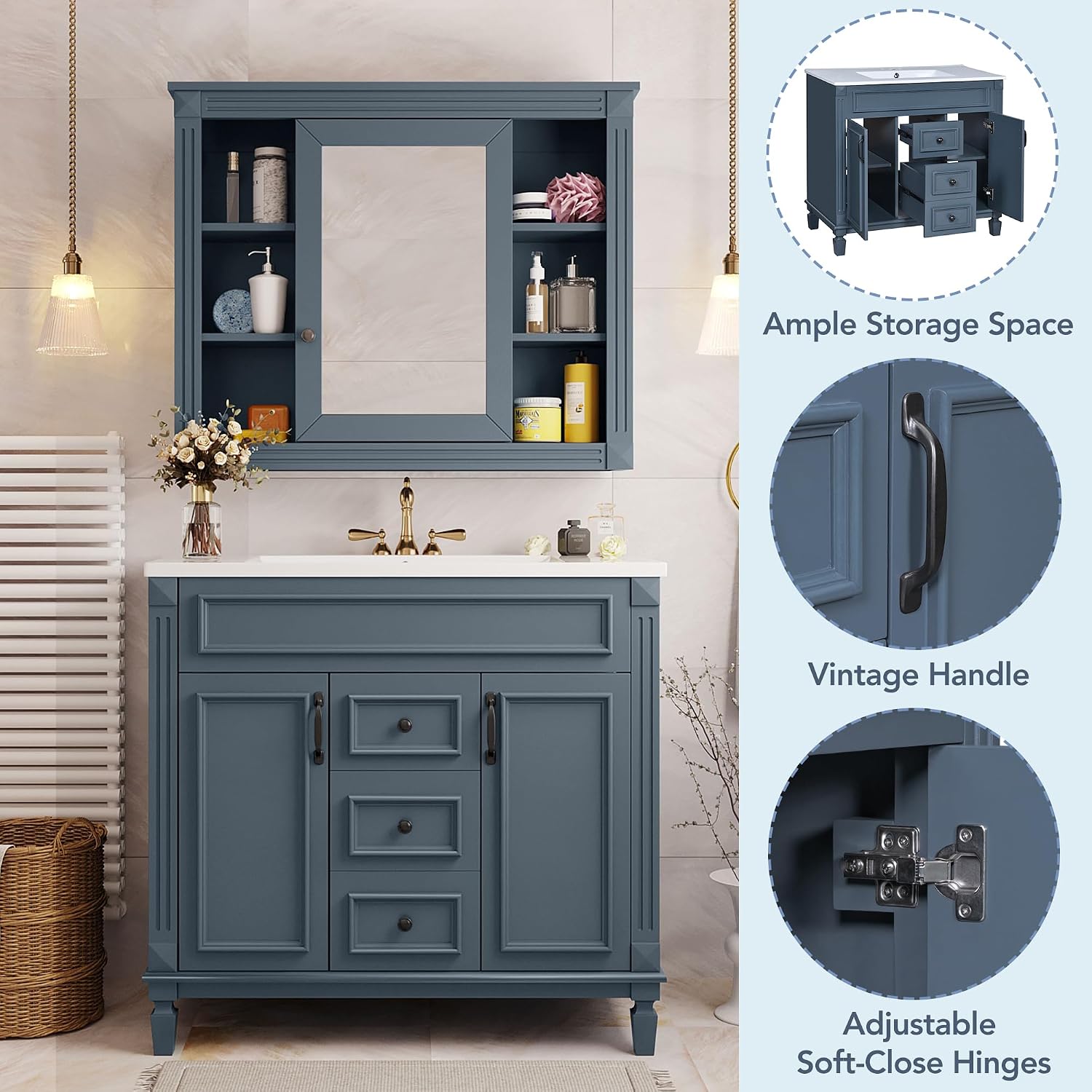 Merax 36'' Bathroom Vanity with Top Sink, Modern Bathroom Storage Cabinet with 2 Soft Closing Doors and 2 Drawers, Single Sink Bathroom Vanity,Blue