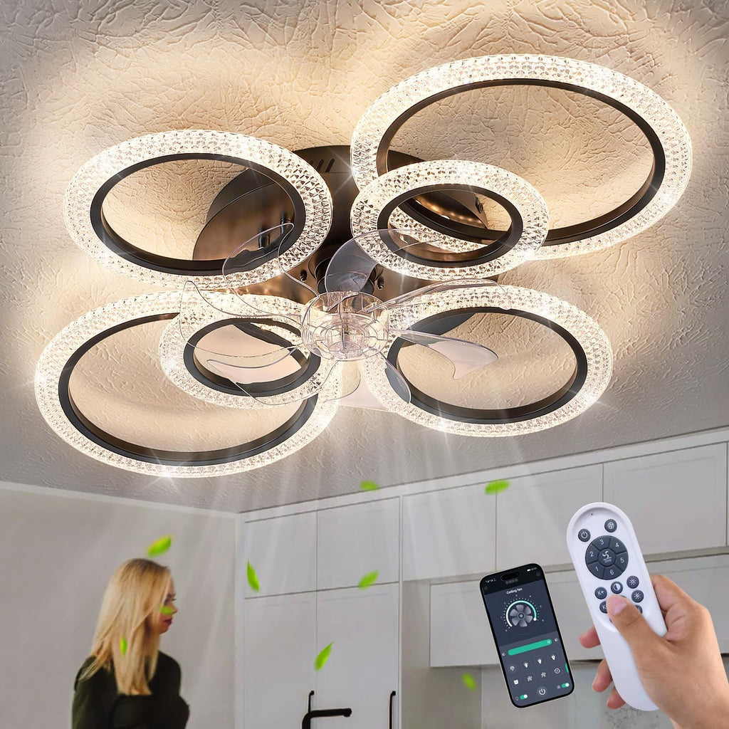 Yfrest Ceiling Fan with Light and Remote, Black Low Profile Ceiling Fans with Lights, Flush Mount Ceiling Fan with 3 Light Color 6 Speeds, Fandelier Ceiling Fan for Kitchen Living Room 6-Ring