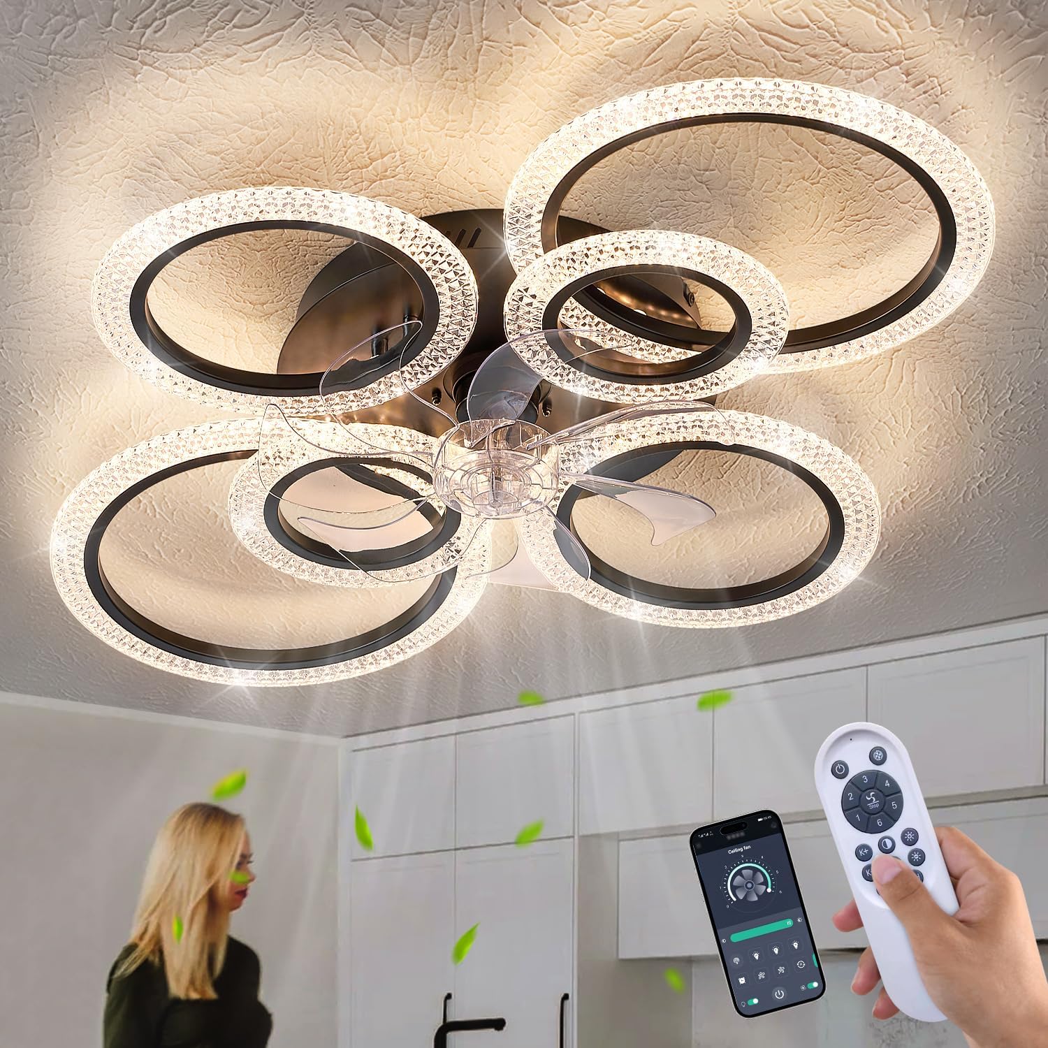 Yfrest Ceiling Fan with Light and Remote, Black Low Profile Ceiling Fans with Lights, Flush Mount Ceiling Fan with 3 Light Color 6 Speeds, Fandelier Ceiling Fan for Kitchen Living Room 6-Ring