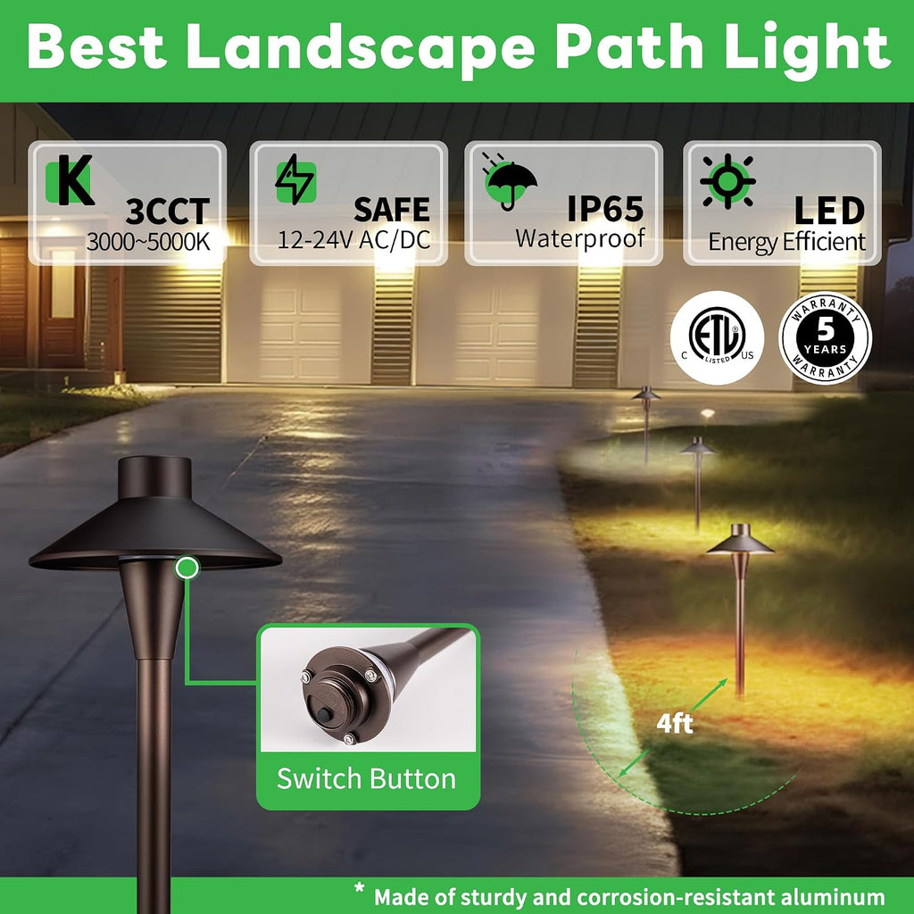 Low Voltage Pathway Lights Kit, 6 Pack 3CCT LED Landscape Path Lights and 100W Transformer and 100FT Cable and 30 Wire Connectors, Outdoor Waterproof IP65, Aluminum for Sidewalk Step