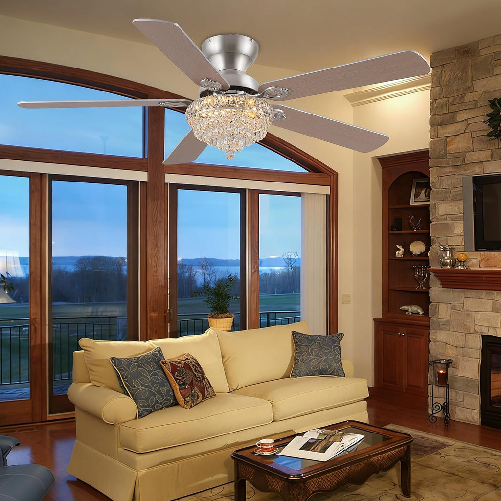 GJeg Crystal Ceiling Fan Fandelier with Lights-Ceiling Fans with Remote Control,Modern Ceiling Fan with Noiseless DC Reversible Motor,Dining Room,Living Room(52' Nickel)