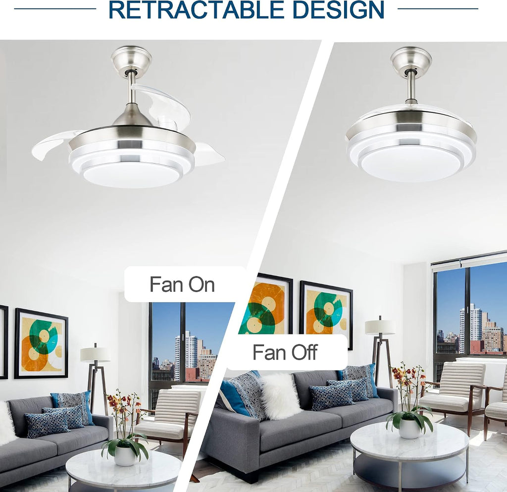 Dawn Whisper 42' Modern Retractable Ceiling Fan with Dimmable LED Light and Remote Control for Living Room Bedroom Restaurant, Silver Brushed Nickel