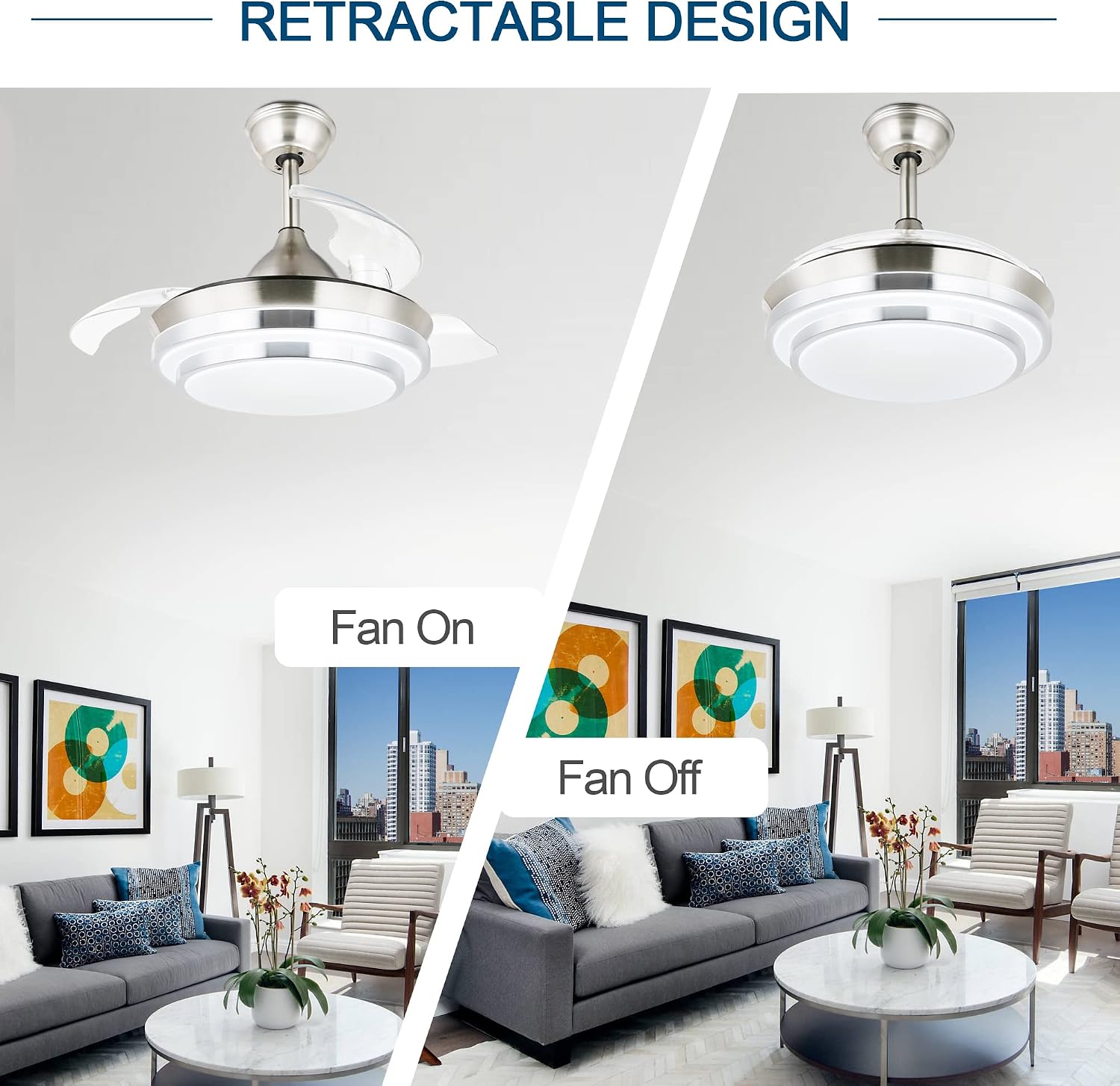 Dawn Whisper 42' Modern Retractable Ceiling Fan with Dimmable LED Light and Remote Control for Living Room Bedroom Restaurant, Silver Brushed Nickel