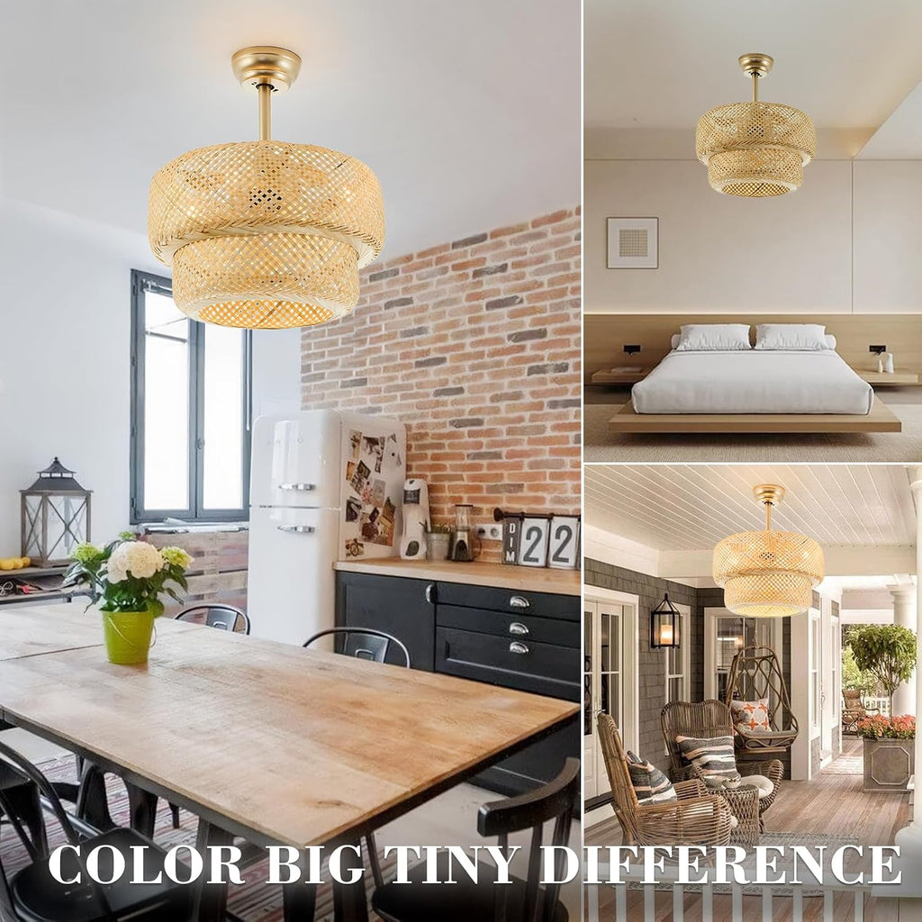 19.3' Bamboo Caged Ceiling Fan with Lights and Remote,4-Light Boho Rattan Ceiling Fan with Light Reversible Motor, Farmhouse Rattan Chandelier Fan for Bedroom, Living Room