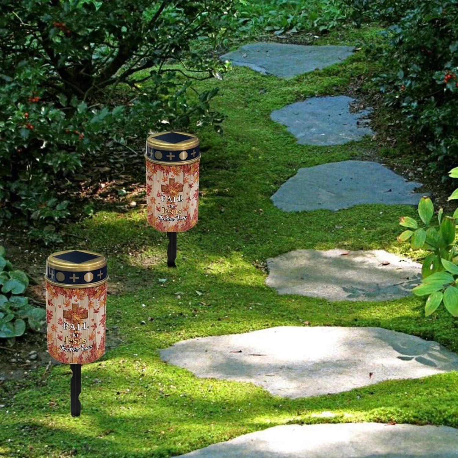 Fall Cross Maple Leaves Solar Garden Lights Outdoor Pathway Light for Yard Patio Driveway,Cemetery Decoration for Grave Flameless Warm White Lights LED Solar Lantern,Wall Light Auto On/Off