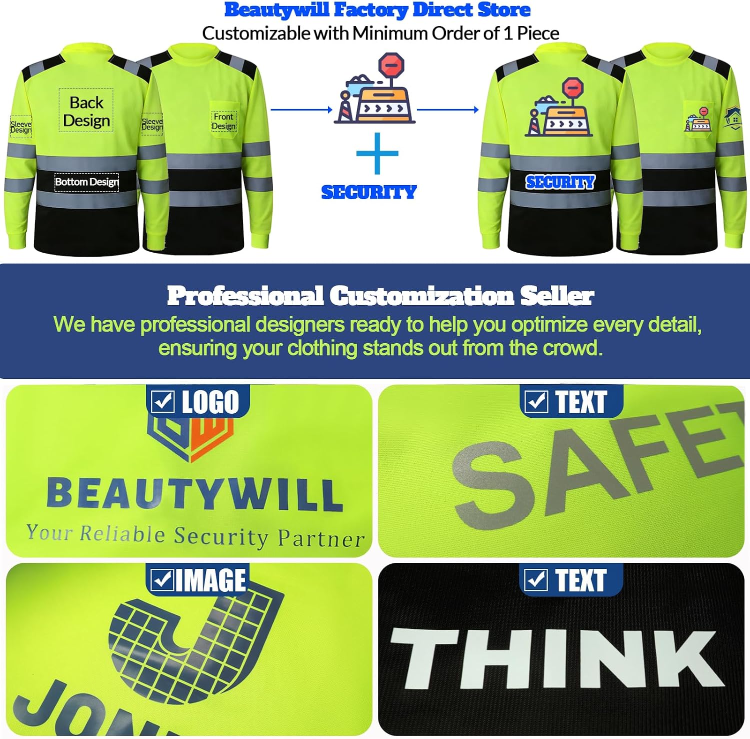 BeautyWill Custom Logo High Visibility Safety Shirts, ANSI Class 3 Reflective Work Shirts Long Sleeve Crewneck T-Shirt