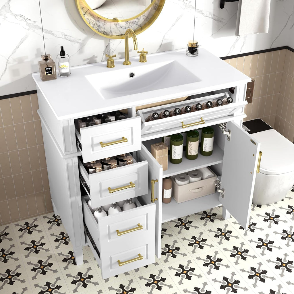 36' Bathroom Vanity with Ceramic Sink Top, One Tip-Out Drawer and Three Side Drawers, Soft-Closing Doors, Adjustable Shelf, Solid Wood Frame, White