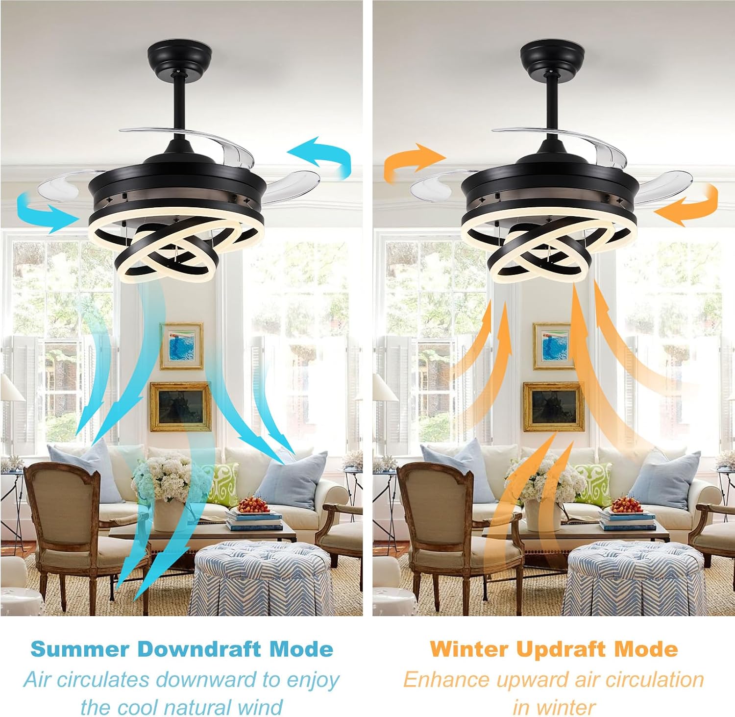 42' Retractable Ceiling Fans with Lights, Modern Fandelier Ceiling Fan with LED Light and Remote/APP Control 3 CCT, Reversible, 6 Wind Speed, Chandelier Ceiling Fan for Bedroom, Living Room Black