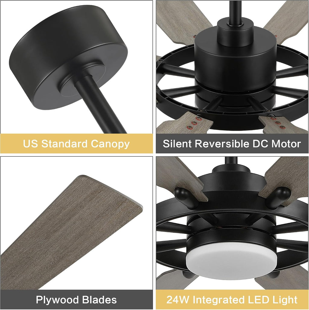 ELEHINSER 80 Inch Ceiling Fan with Lights and 3 Downrods, 8 Plywood Blades, 6-Speed Noiseless Reversible DC Motor, 3CCT, Windmill Ceiling fan for Kitchen Bedroom Living Room, Black and Grey