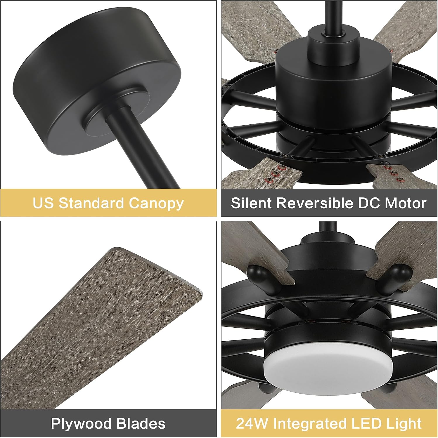 ELEHINSER 80 Inch Ceiling Fan with Lights and 3 Downrods, 8 Plywood Blades, 6-Speed Noiseless Reversible DC Motor, 3CCT, Windmill Ceiling fan for Kitchen Bedroom Living Room, Black and Grey