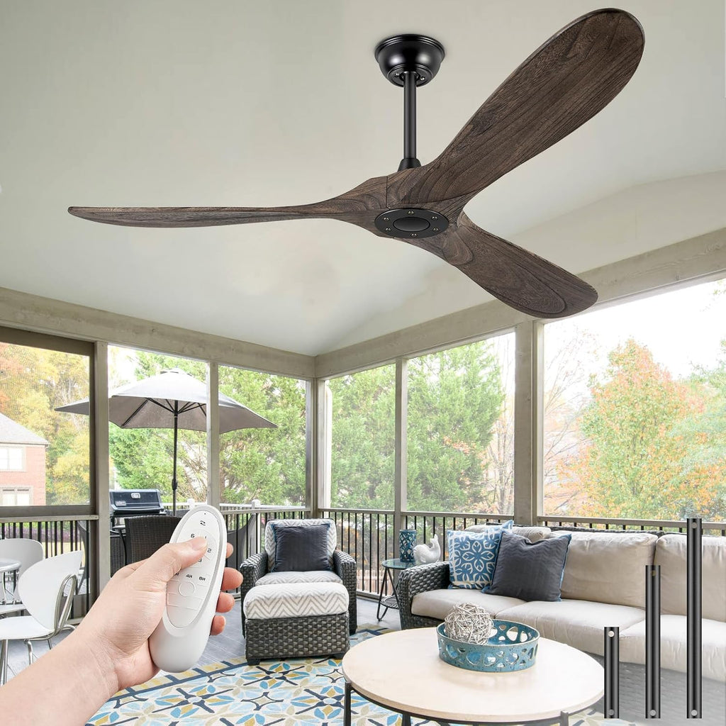 60' Ceiling Fans Without Light, Solid Wood Ceiling Fan No Light with Remote Control and DC Motor, Outdoor Ceiling Fan with 3 Blades, Outdoor fan for Patios - Deep Brown
