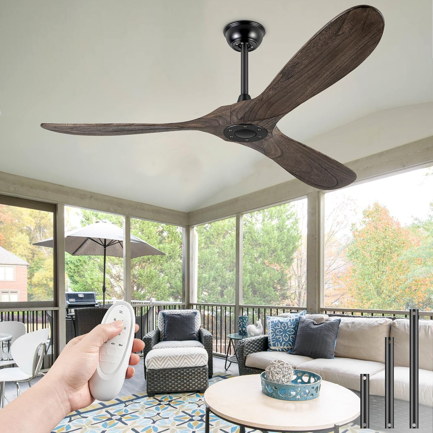 60' Ceiling Fans Without Light, Solid Wood Ceiling Fan No Light with Remote Control and DC Motor, Outdoor Ceiling Fan with 3 Blades, Outdoor fan for Patios - Deep Brown