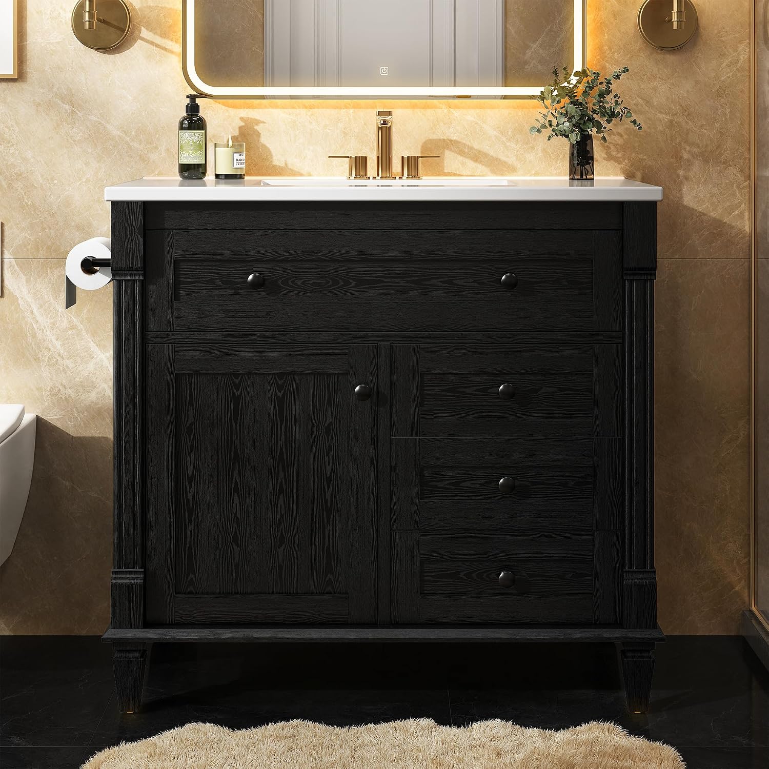 LIKIMIO 36 Inch Bathroom Vanity with Sink, Towel Holder & Adjustable Solid Wood Legs for Uneven Floor, Modern Bathroom Storage Cabinet with Tip-Out Drawer, 2 Drawers & Adjustable Shelf, Black