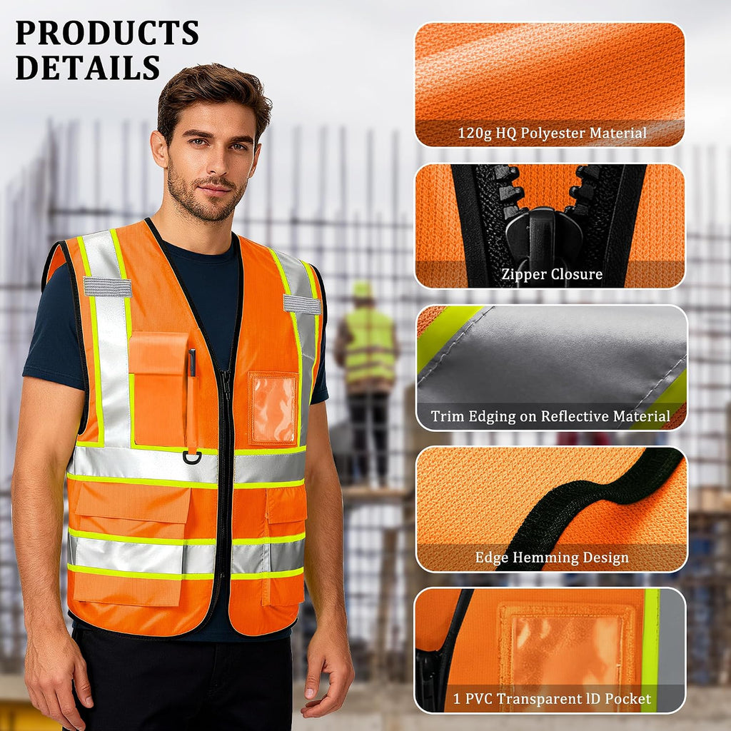 Custom Safety Vest with Logo, High Visibility Reflective Personalized Vest with Pockets and Zipper for Men Women Work