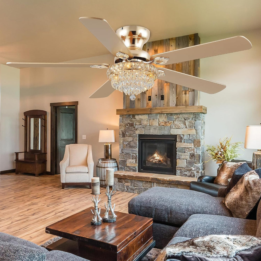 GJeg Crystal Ceiling Fan Fandelier with Lights-Ceiling Fans with Remote Control,Modern Ceiling Fan with Noiseless DC Reversible Motor,Dining Room,Living Room(52' Gold)