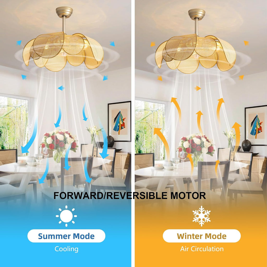 Ceiling Fans with Lights, Fandelier Chandelier Ceiling Fan and Remote,Boho,Flush Mount,Low Profile,for Bedroom,Living Room,Gold