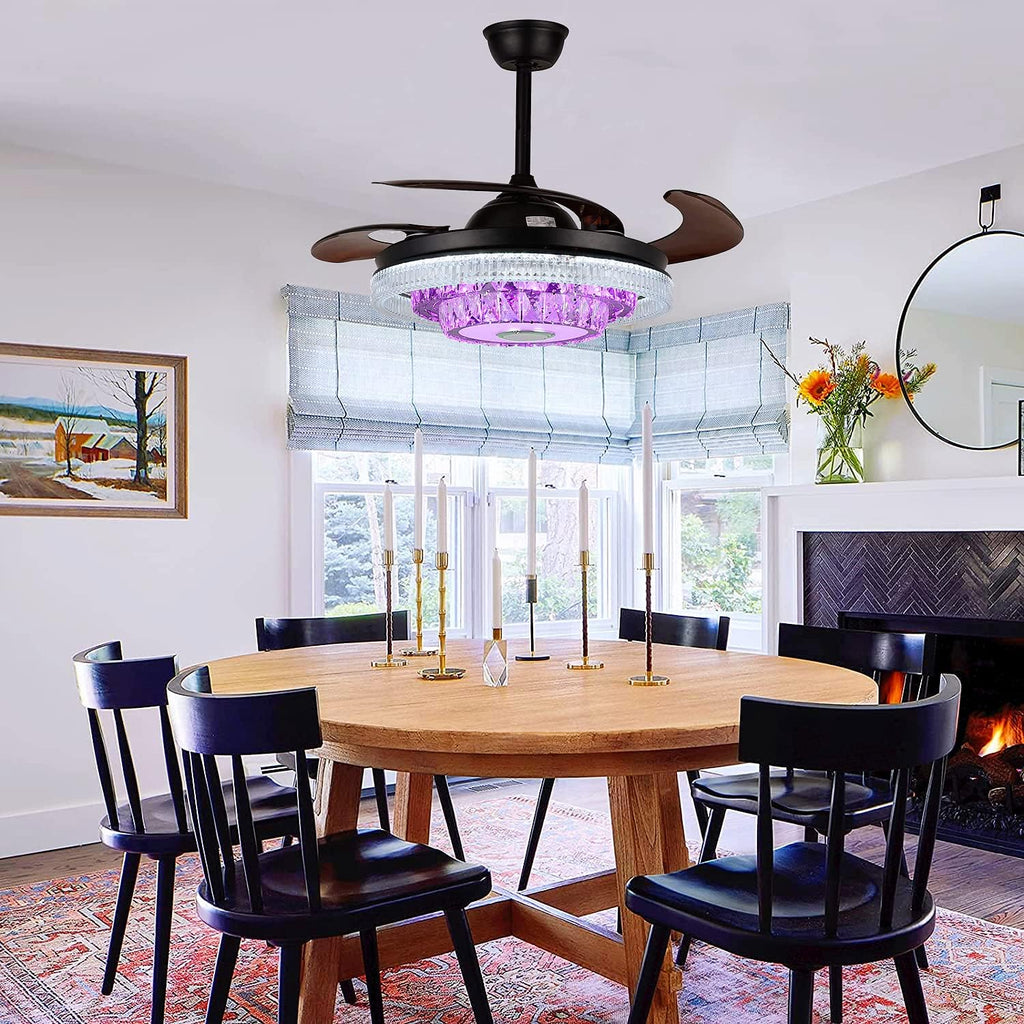 42' Modern Chandelier Ceiling Fan with Lights Reversible Blades, Fandelier with Bluetooth Speaker 7 Dimmable Colors 6 Speeds, Crystal Retractable Ceiling Fan with Remote Control Silent Motor