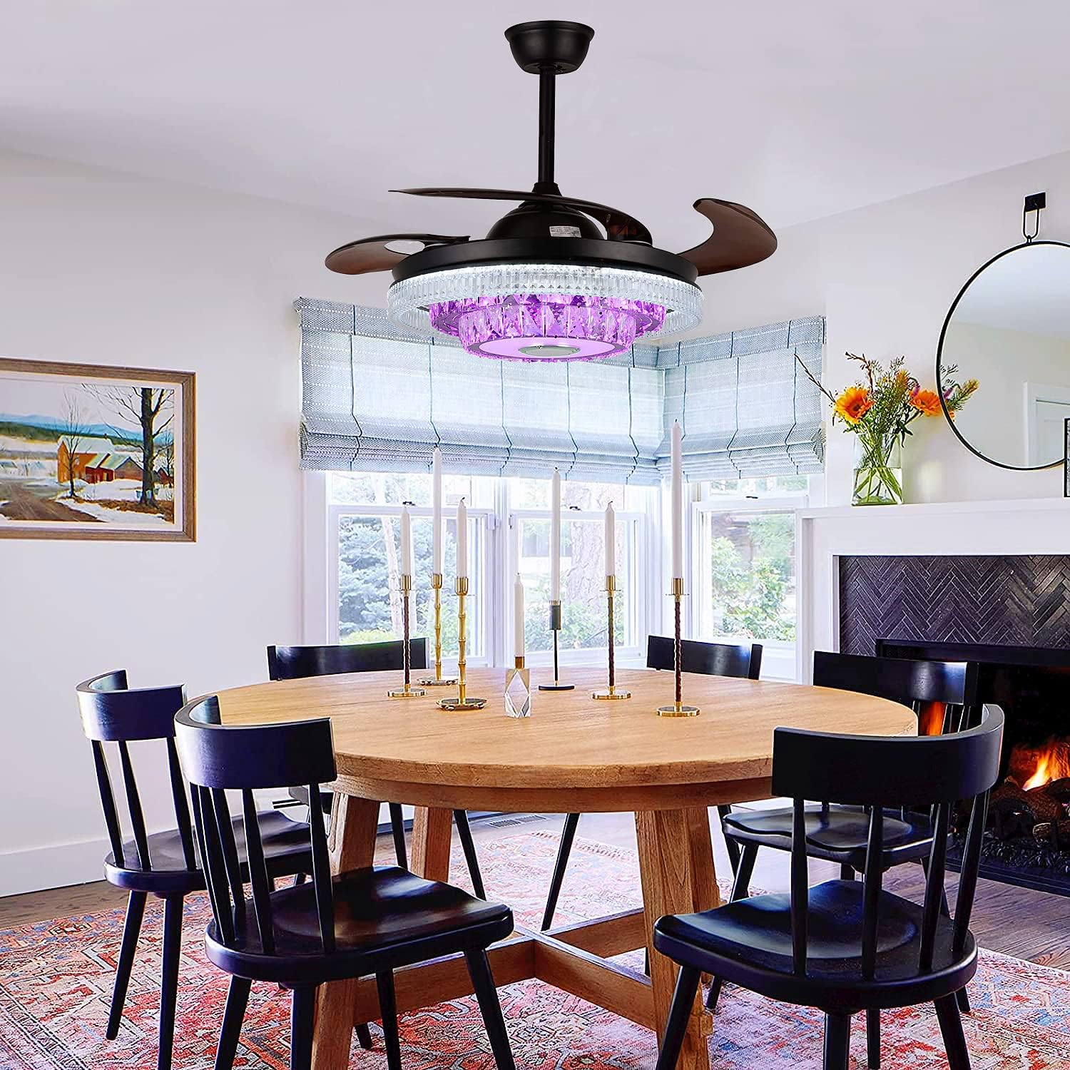 42' Modern Chandelier Ceiling Fan with Lights Reversible Blades, Fandelier with Bluetooth Speaker 7 Dimmable Colors 6 Speeds, Crystal Retractable Ceiling Fan with Remote Control Silent Motor