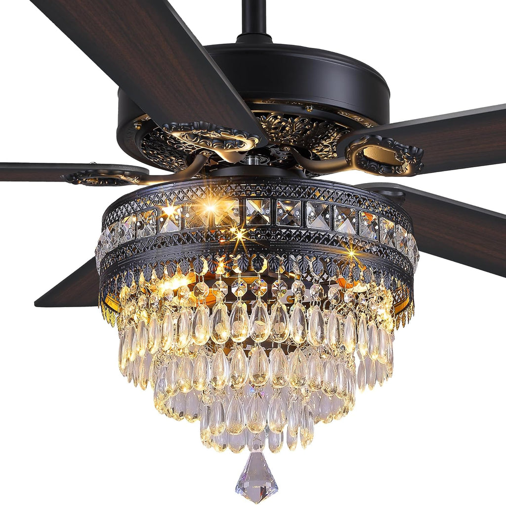 GJeg Crystal Ceiling Fan Fandelier with Lights- Retro Outdoor Fans with Remote Control, Farmhouse Ceiling Fan with Noiseless AC Reversible Motor,Dining Room,Living Room(52' Black)