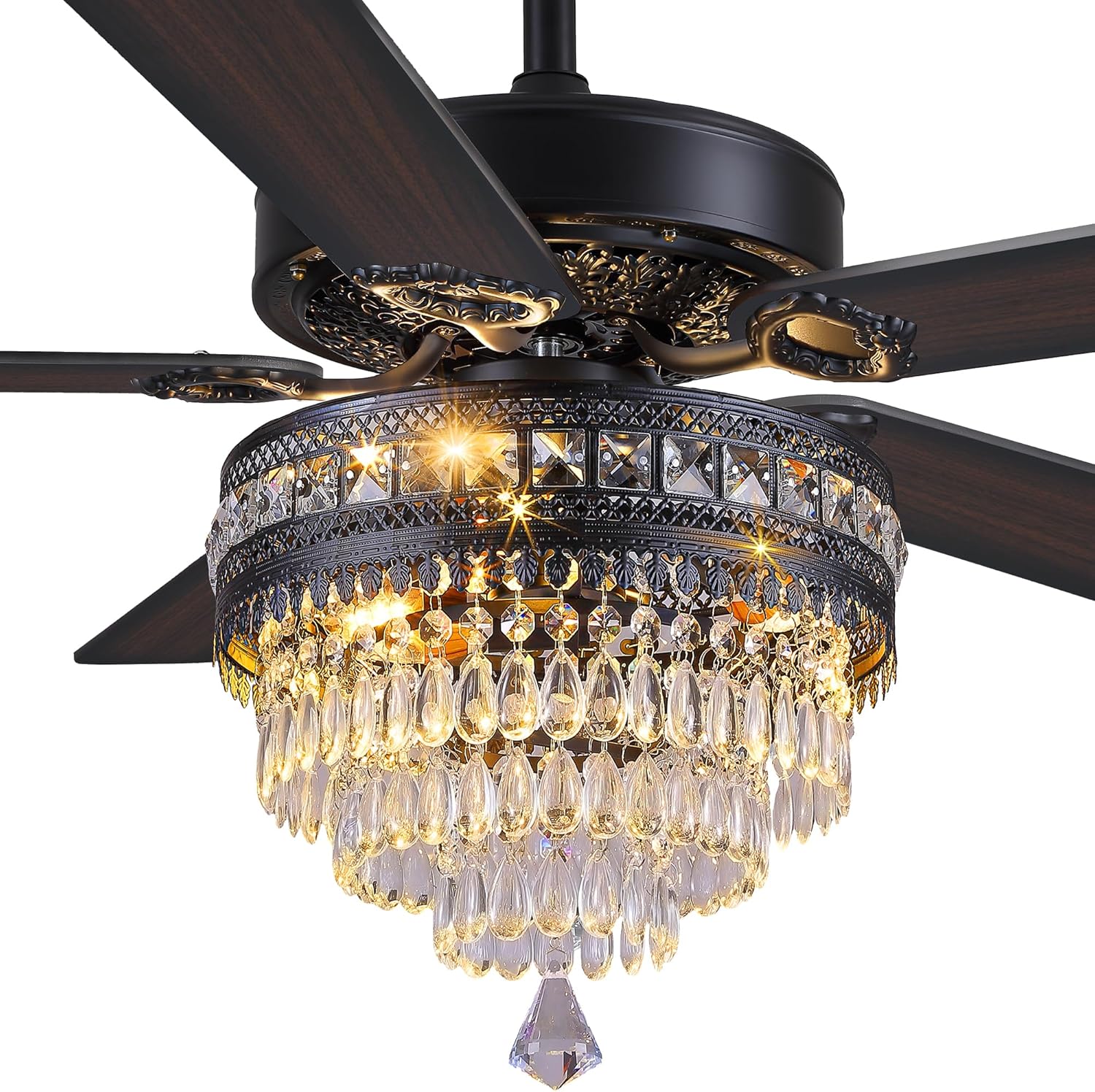 GJeg Crystal Ceiling Fan Fandelier with Lights- Retro Outdoor Fans with Remote Control, Farmhouse Ceiling Fan with Noiseless AC Reversible Motor,Dining Room,Living Room(52' Black)