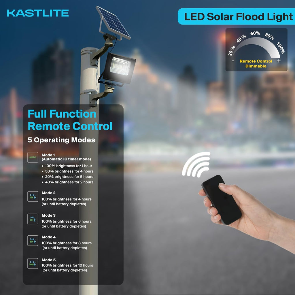 KASTLITE 10W LED Dusk to Dawn Solar Flood Light - 80 Watt Equiv. Waterproof Outdoor Fence/Security Floodlight - Photocell Sensor & Remote Control 5000K 1200 Lumen Spotlight for Patio Street Driveway