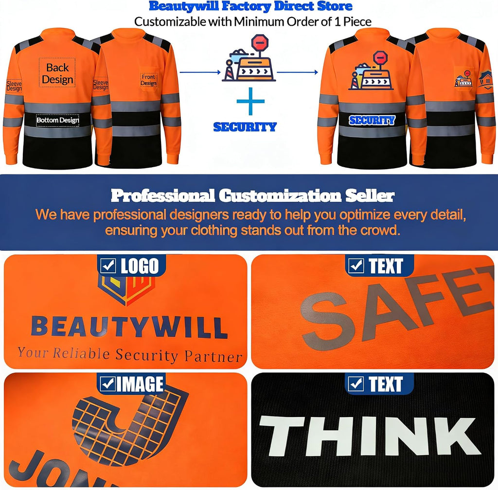 BeautyWill Custom Logo High Visibility Safety Shirts, ANSI Class 3 Reflective Work Shirts Long Sleeve Crewneck T-Shirt