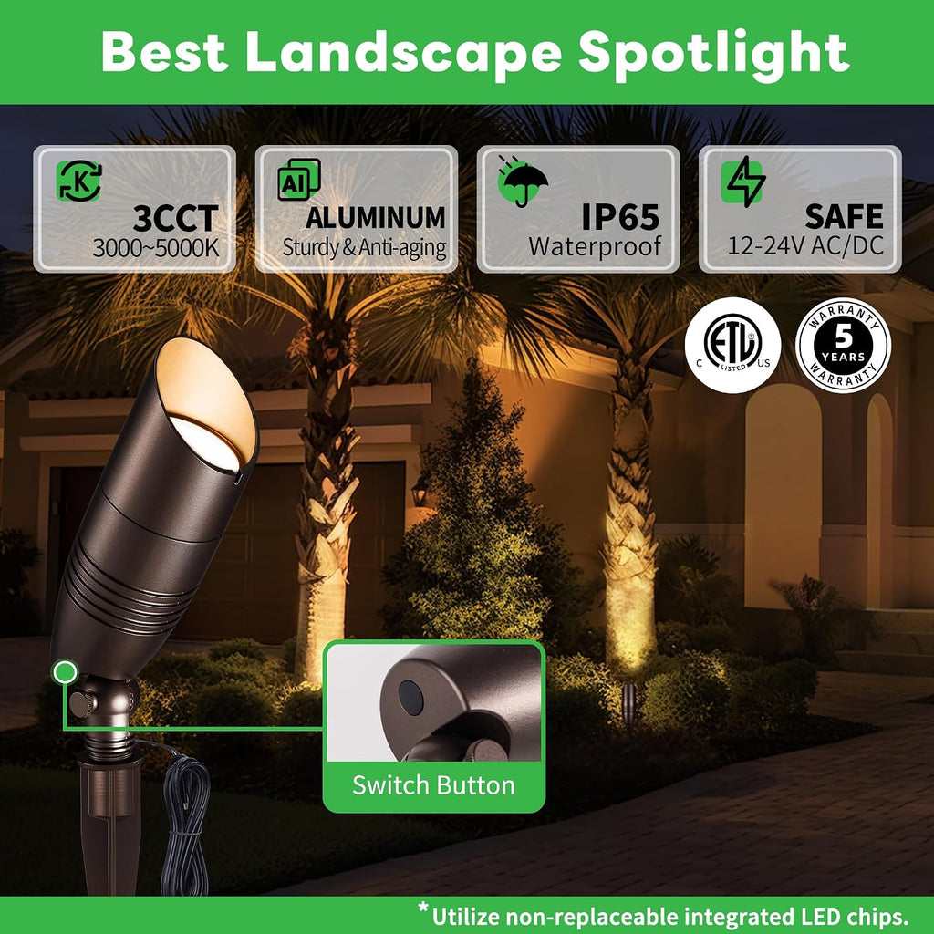 Low Voltage Landscape Lighting Kit, 4 Pack 3000K/4000K/5000K Spotlights and 100FT Cable and 20 Wire Connectors, Aluminum ORB Waterproof Uplight for Tree Yard House, Without Transformer