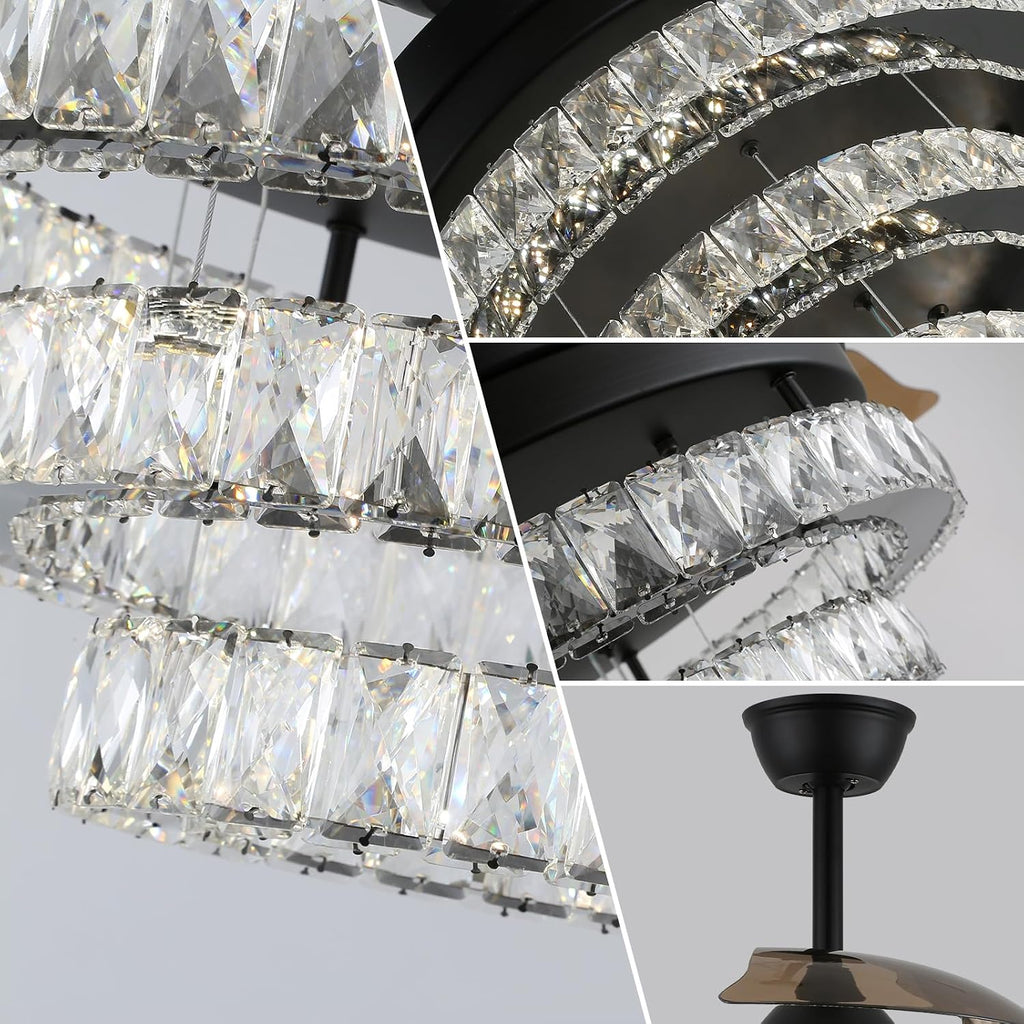 42' Black Fandeliers with Lights Dimmable LED Crystal Ceiling Fan Individual 3 LED Color Change with Timi Memory Function