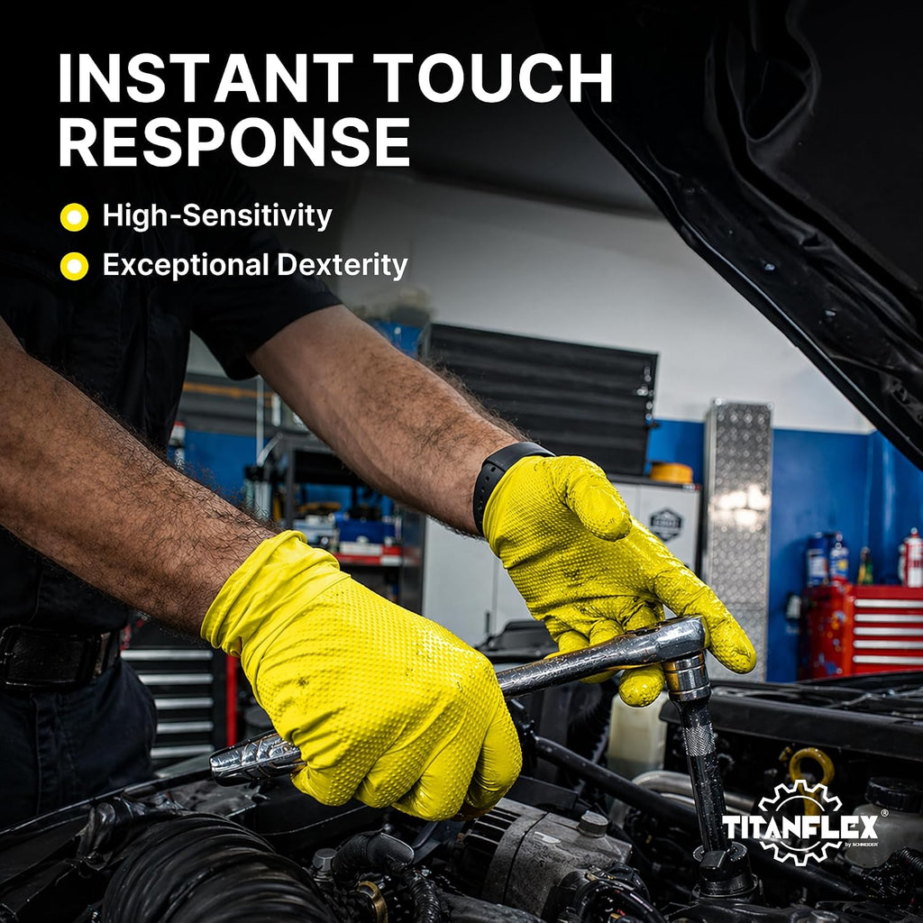 TitanFlex Heavy Duty Industrial Nitrile Gloves with Raised Diamond Texture, 6-mil, Latex Free (Dark Green/Yellow)