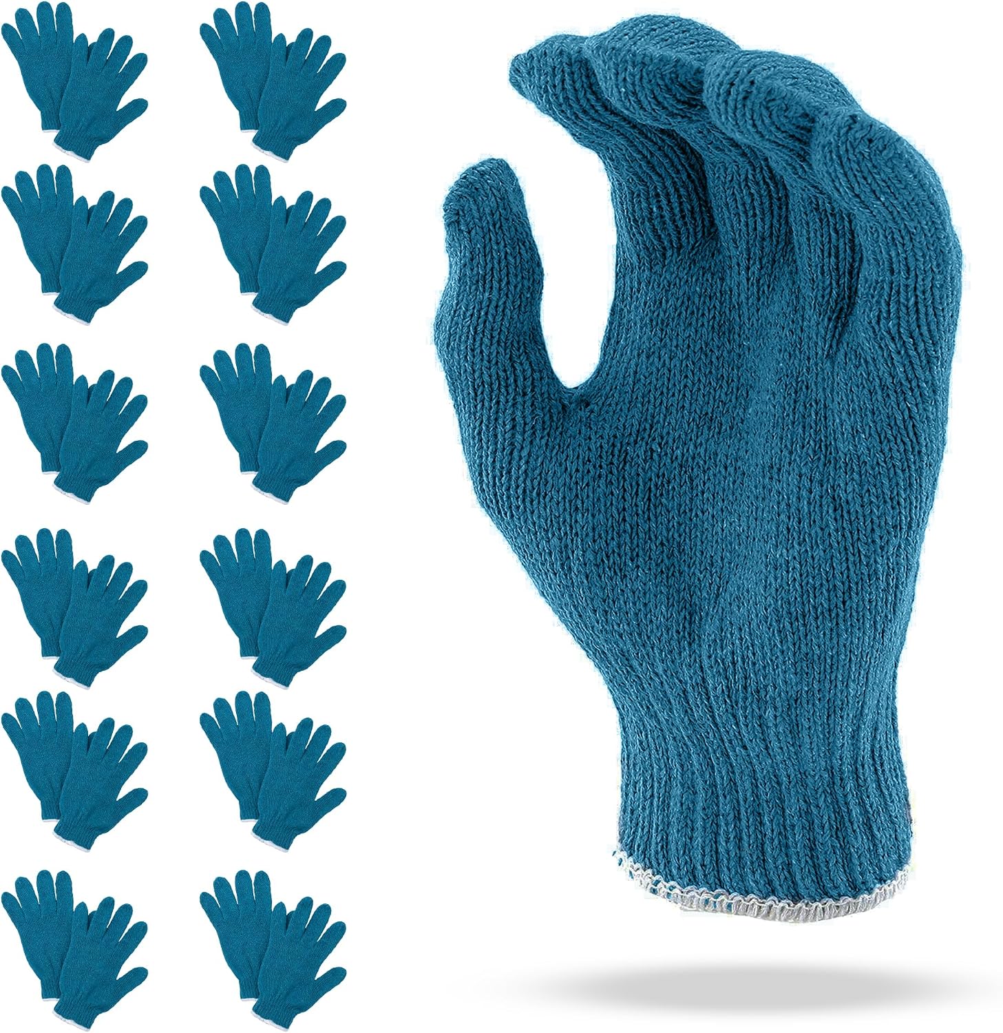 String Knit Work Gloves, Cotton Polyester Blend, Blue Gray 10 Inch, Reusable Knit Gloves for Gardening and Work