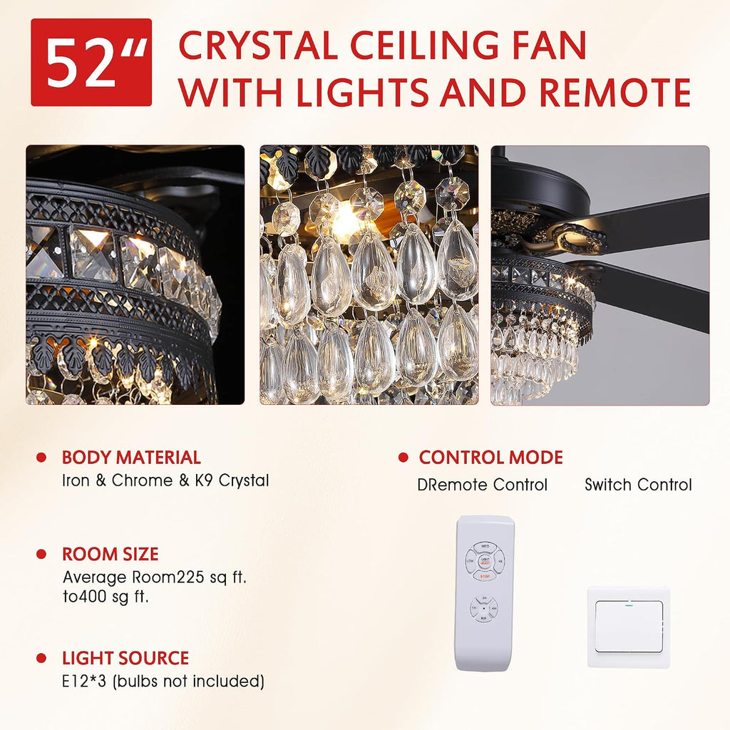 GJeg Crystal Ceiling Fan Fandelier with Lights- Retro Outdoor Fans with Remote Control, Farmhouse Ceiling Fan with Noiseless AC Reversible Motor,Dining Room,Living Room(52' Black)