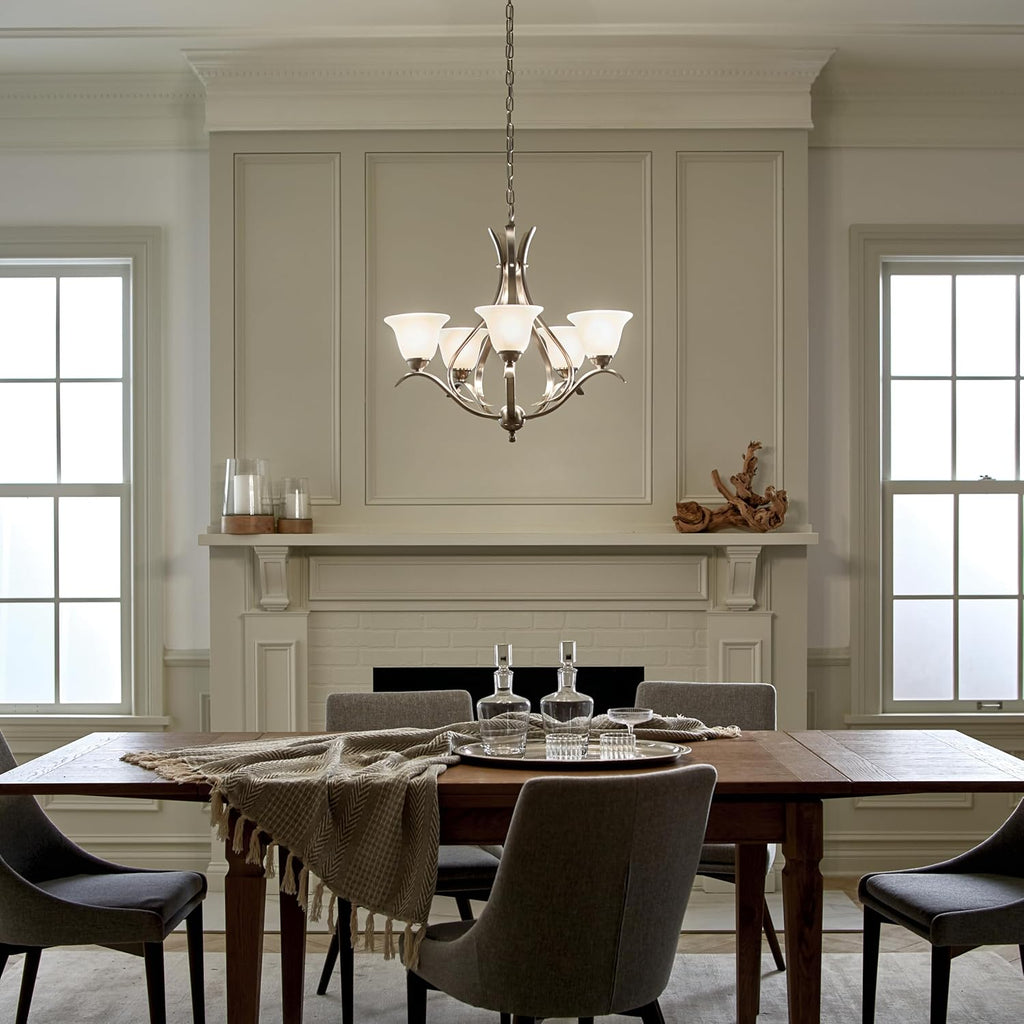 Kichler Dover 5-Light Chandelier with Etched Seeded Glass in Brushed Nickel, Transitional Dining Room or Foyer Light Fixture for High Ceilings (24' x 23'), 2020NI