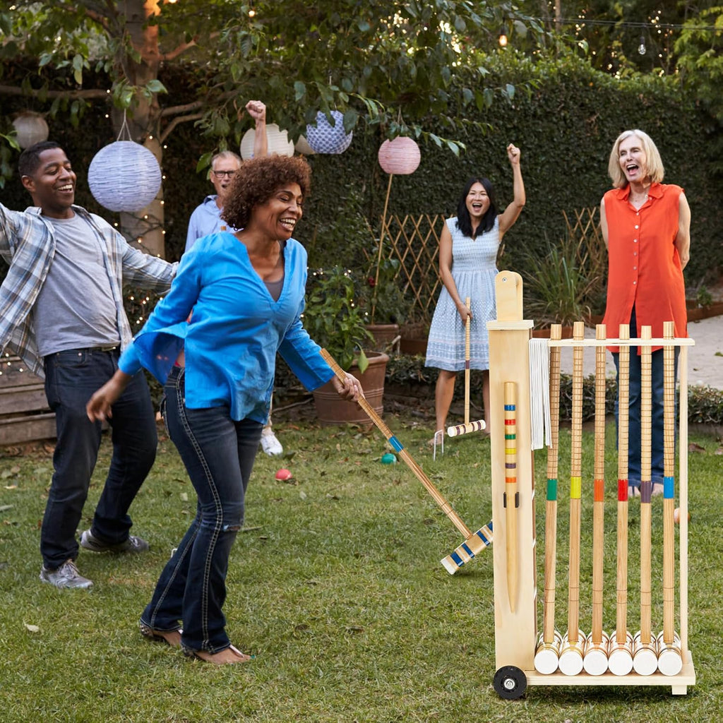 Hiboom 6 Player Croquet Set for Adults with Wooden Stand, Rubber Wooden Mallets, Colored Balls and Steel Wicket for Family & Friends, Great for Outdoor Lawn, Backyard Park