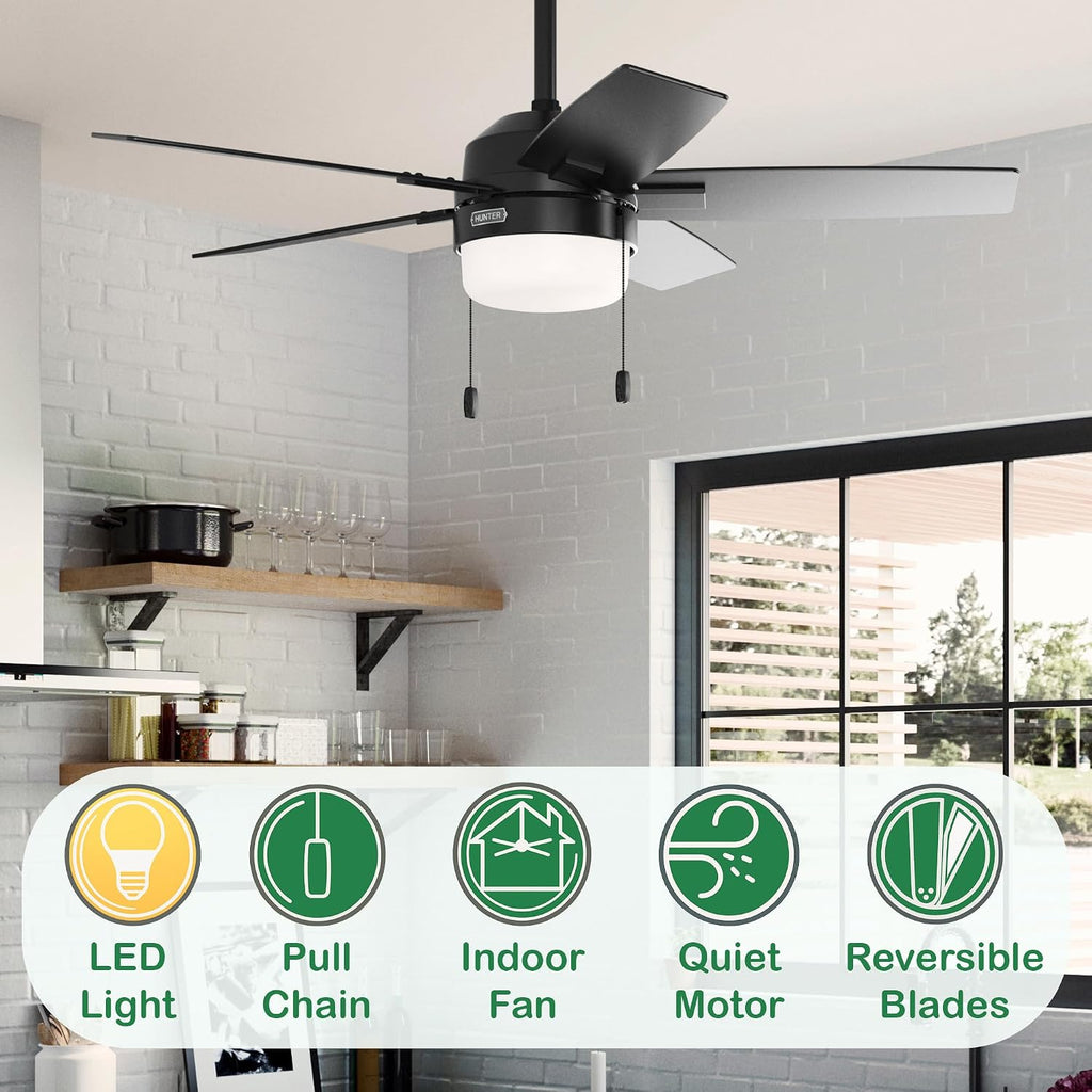 Hunter Fan 44 Inch Matte Black Indoor Ceiling fan with LED Light and Pull Chain for Bedroom, Living Room, Office, Basement, Kitchen, Dining Room (Renewed), CC5C27C75