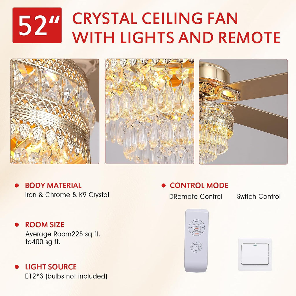 GJeg Crystal Ceiling Fan Fandelier with Lights - Retro Outdoor Fans with Remote Control, Farmhouse Ceiling Fan with Noiseless AC Reversible Motor,Dining Room,Living Room(52' Gold)