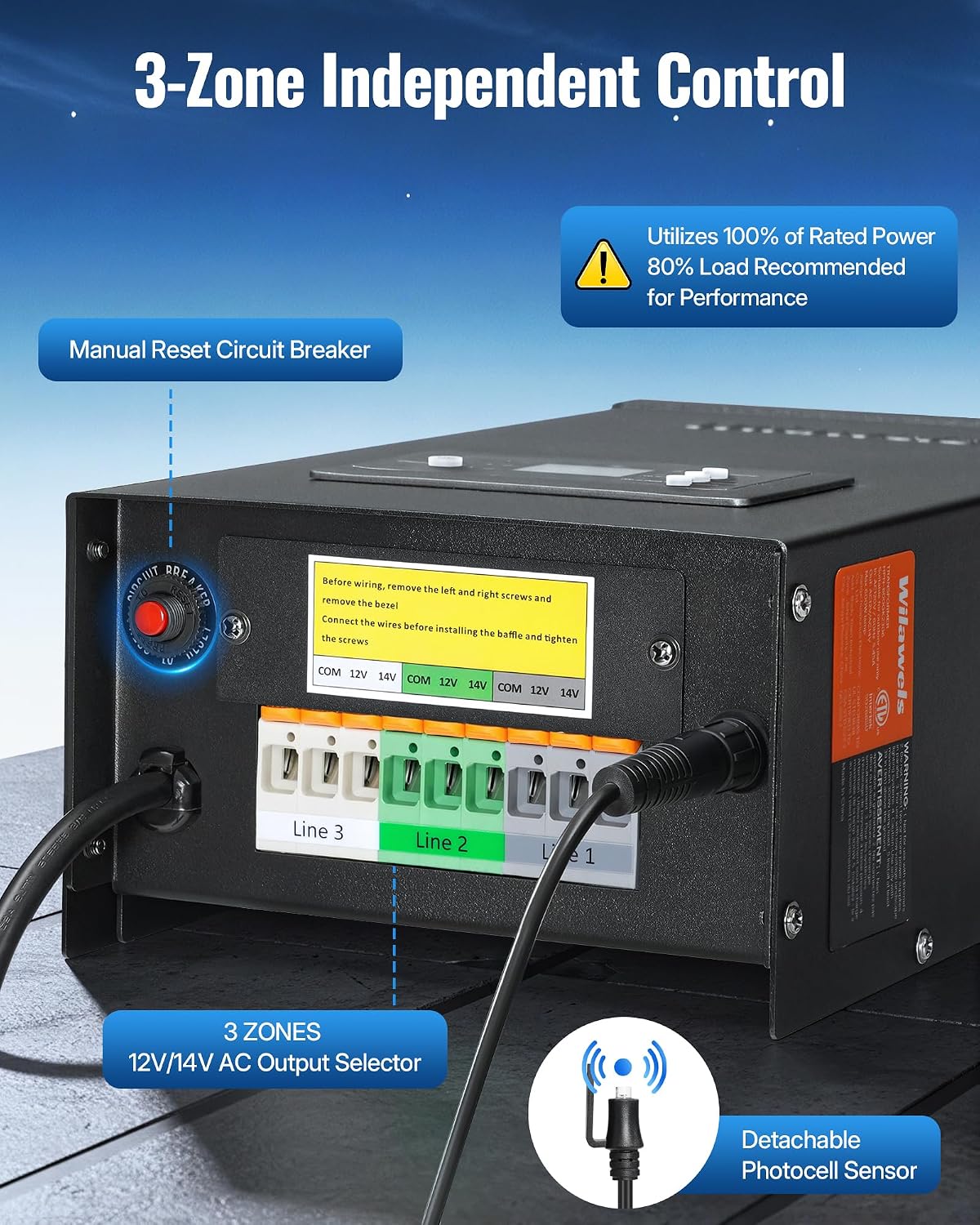 600W Low Voltage Landscape Transformer, 3 Zone Independent Control Landscape Lighting Transformer, 120VAC to 12/14V AC Low Voltage Transformer with Timer & Photocell Sensor ETL Listed C32LT06
