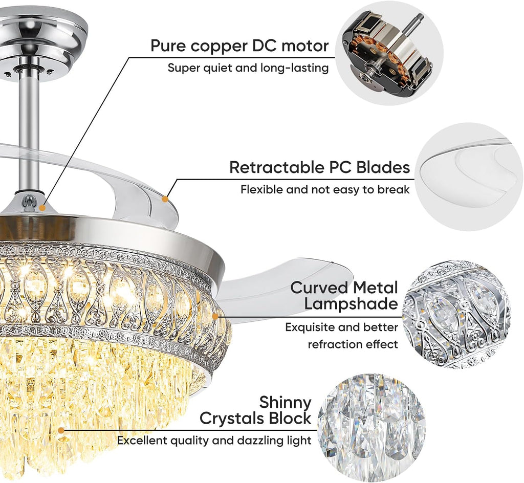 48' Fandelier Ceiling Fan with Light, Crystal Retractable Ceiling Fan with Lights and Remote, Chandelier Fans for Bedroom Living Room, Reversible DC Motor, Dimmable, 6 Speeds - Chrome