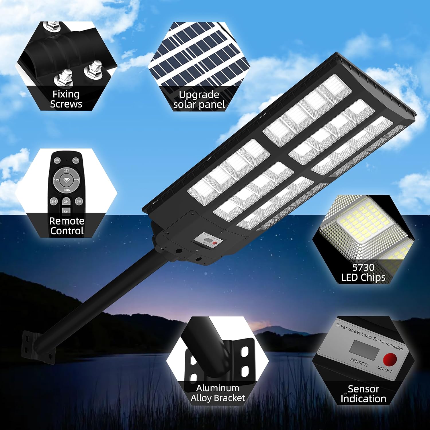 Solar Street Light Outdoor Waterproof, 6500K 1500W Motion Sensor Light Dusk to Dawn, 200000LM Parking Lot Wall Light with Remote Control, Wide Lighting Angle LED Flood Lights for Yard, 2 Pack
