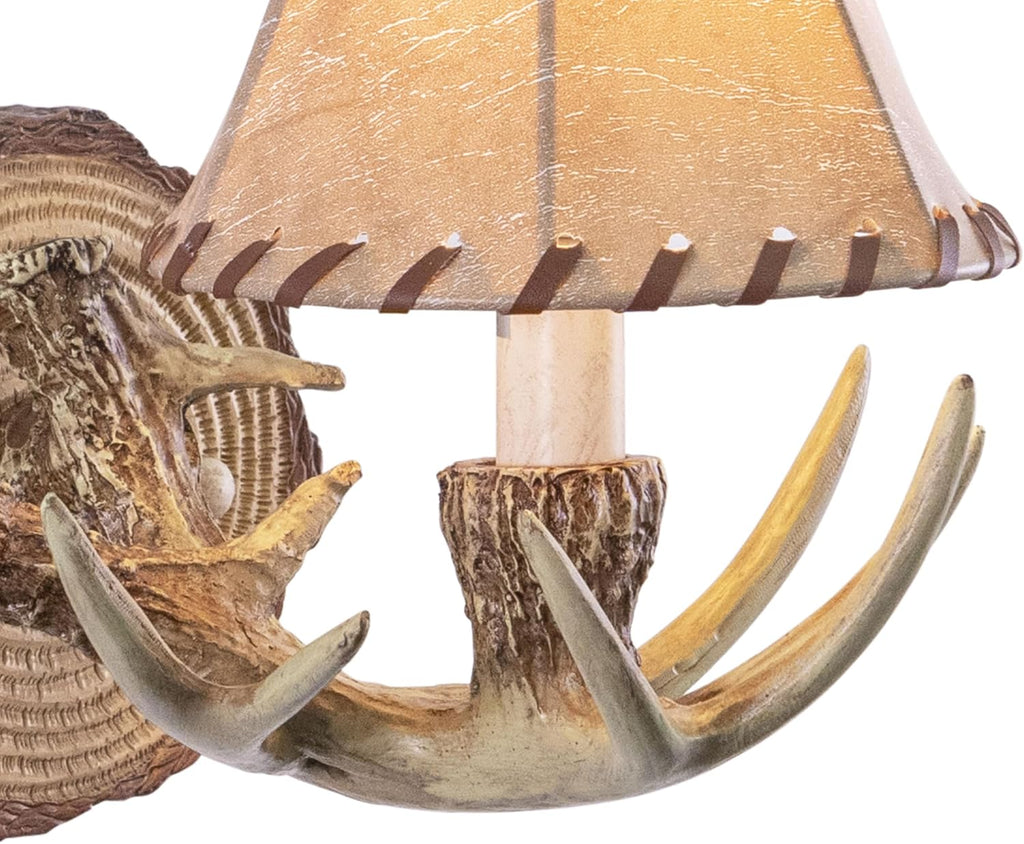 Lodge 1 Light Rustic Wood Antler Armed Wall Sconce Faux Leather Shade Noachian Stone