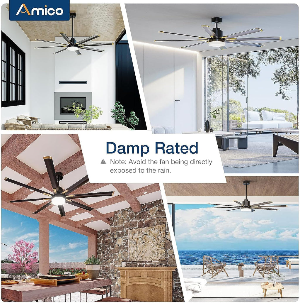 Amico 72 Inch Aluminum Ceiling Fans with Lights, Large Industrial Ceiling Fan with Remote Control, Reversible, 8 Blades, 3CCT, Dimmable, Damp Rated Black Ceiling Fan for Bedroom Patio Indoor/Outdoor