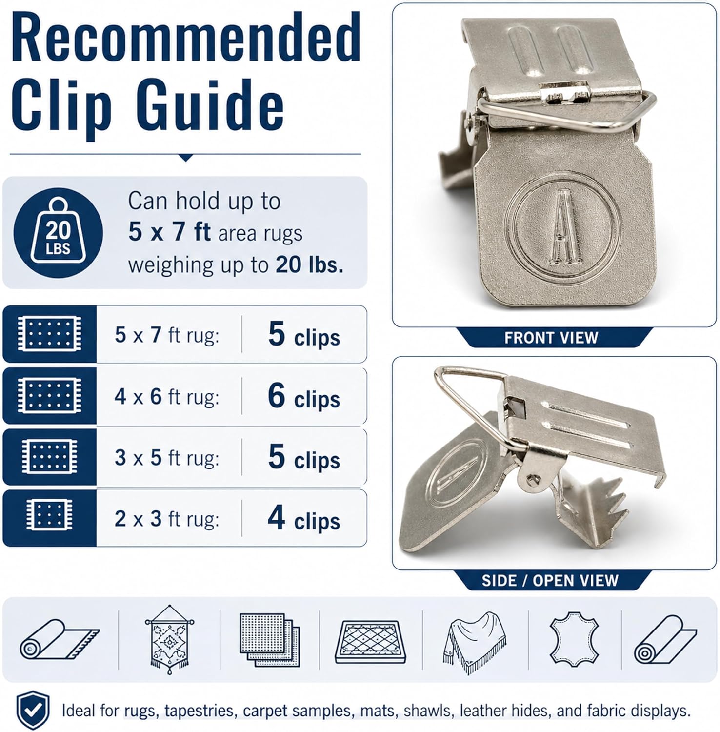 ANDUSTRIAL - Small Durable Nickle-Plated Steel Clips/Clamps for Displaying Shawls, Leather Hides, Quilts, Mats, Rug Samples - Finger Support Triangle Back Alligator Rug Clips - Silver, 50 Clips