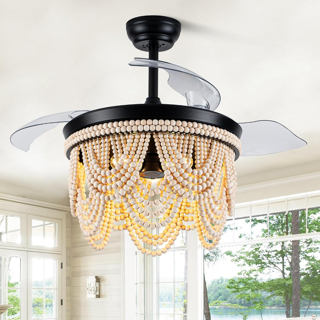 42'' Retractable Ceiling Fans with Lights and Remote,Bohemian Ceiling Fans with Wooden Beads,6 Speeds Reversible Bladeless Ceiling Fan for Bedroom Living Room Kitchen
