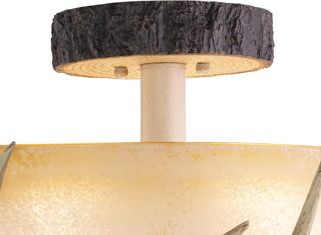 VAXCEL Lodge 16-in W Cream Rustic Antler Bowl Semi Flush Mount Ceiling Light Cream Glass