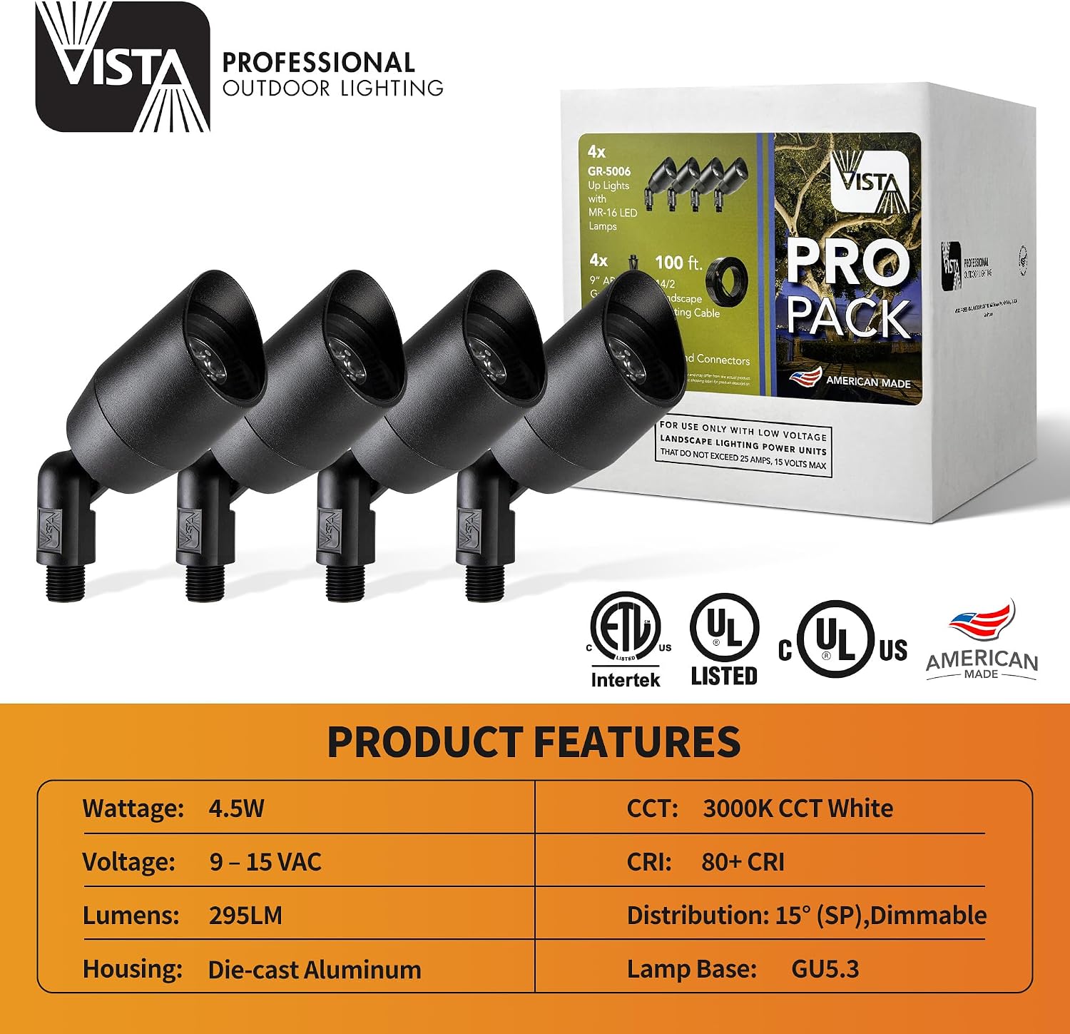 VISTA 4 Pack Cast Aluminum Landscape Spotlights, Low Voltage Landscape Lighting Spot Lights Outdoor with 4.5W MR16 LED Bulb for Yard, Garden, Lawn, Tree