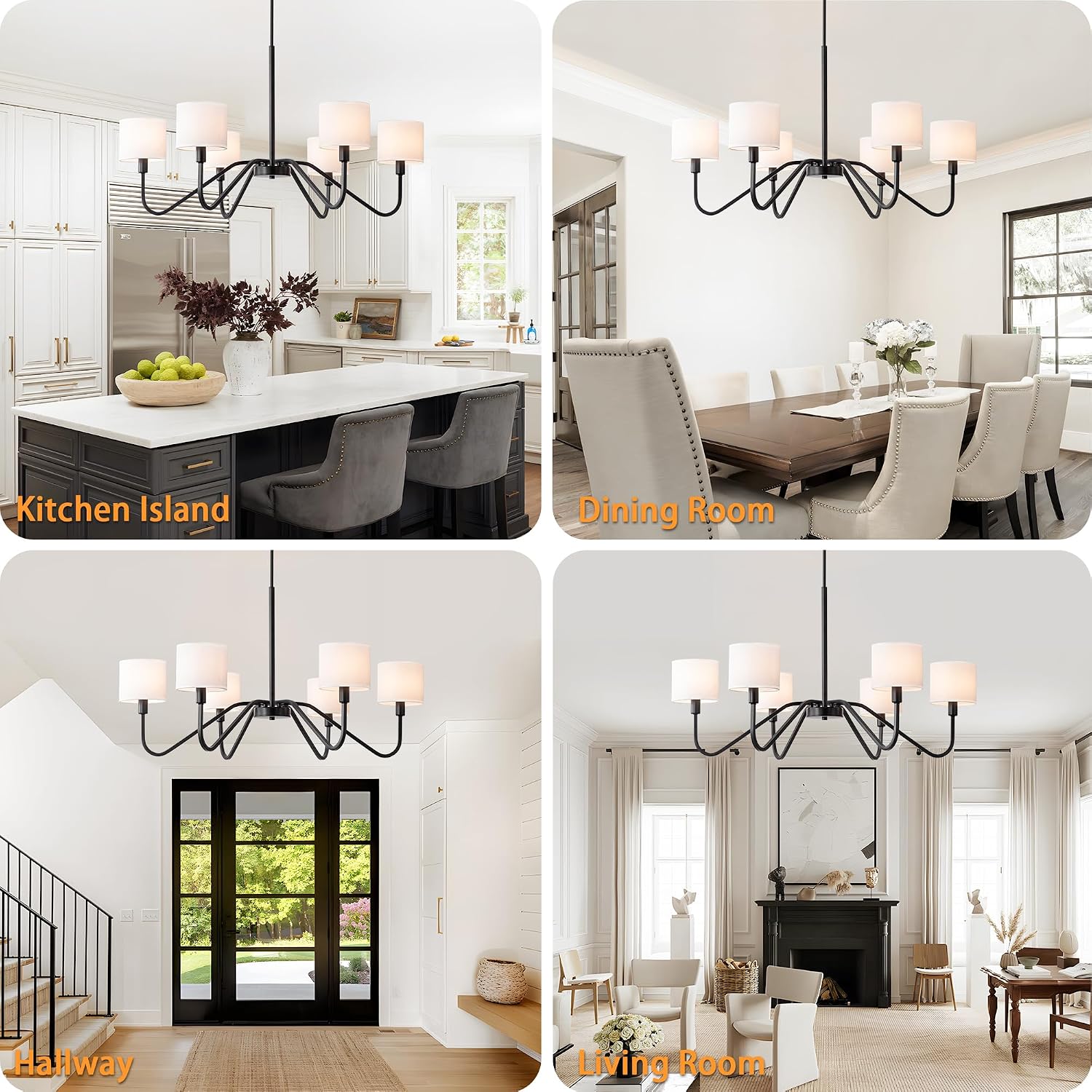 Modern Black 6-Light Chandelier, 39' Pendant Light with White Fabric Shade Adjustable Classic Chandelier Light Fixtures for Kitchen Island Dining & Living Room Entryway